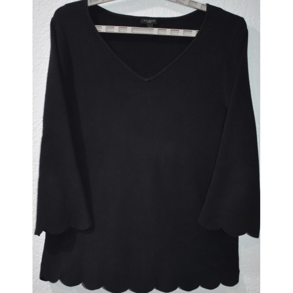 Talbots X Sweater Scallop Trim Solid Stretch VNeck Ribbed Elegant Black Pullover - Picture 12 of 16